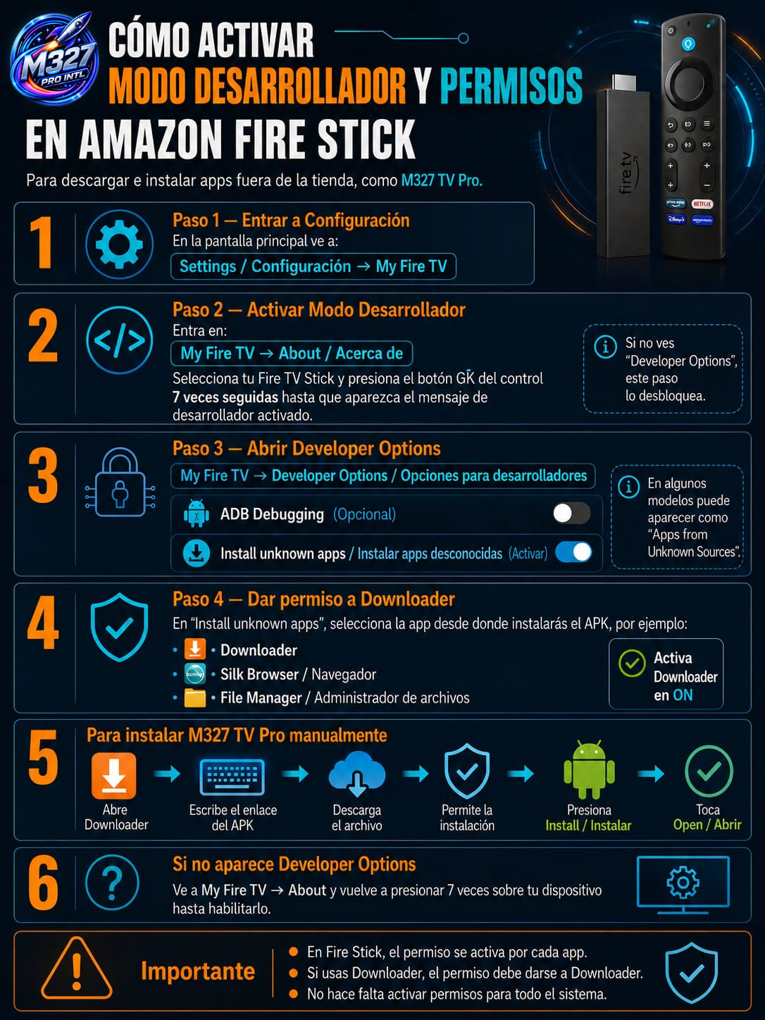 Como activar modo de desarrollador y permisos en Fire Stick